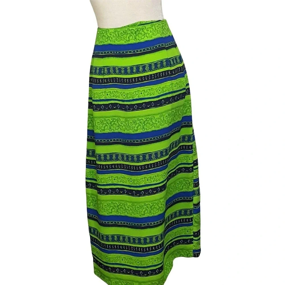 Vintage Maxi Wrap Skirt Small Floral Tribal Blue Green Polyester  L&S Designs